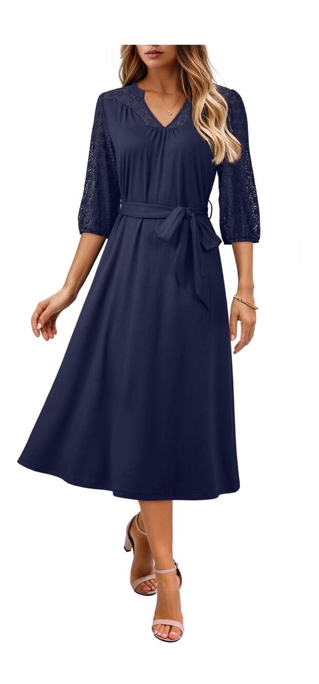 Dokotoo Women’s Medium Navy Blue Lace Sleeve Midi Dress Belted V-Neck A-Line